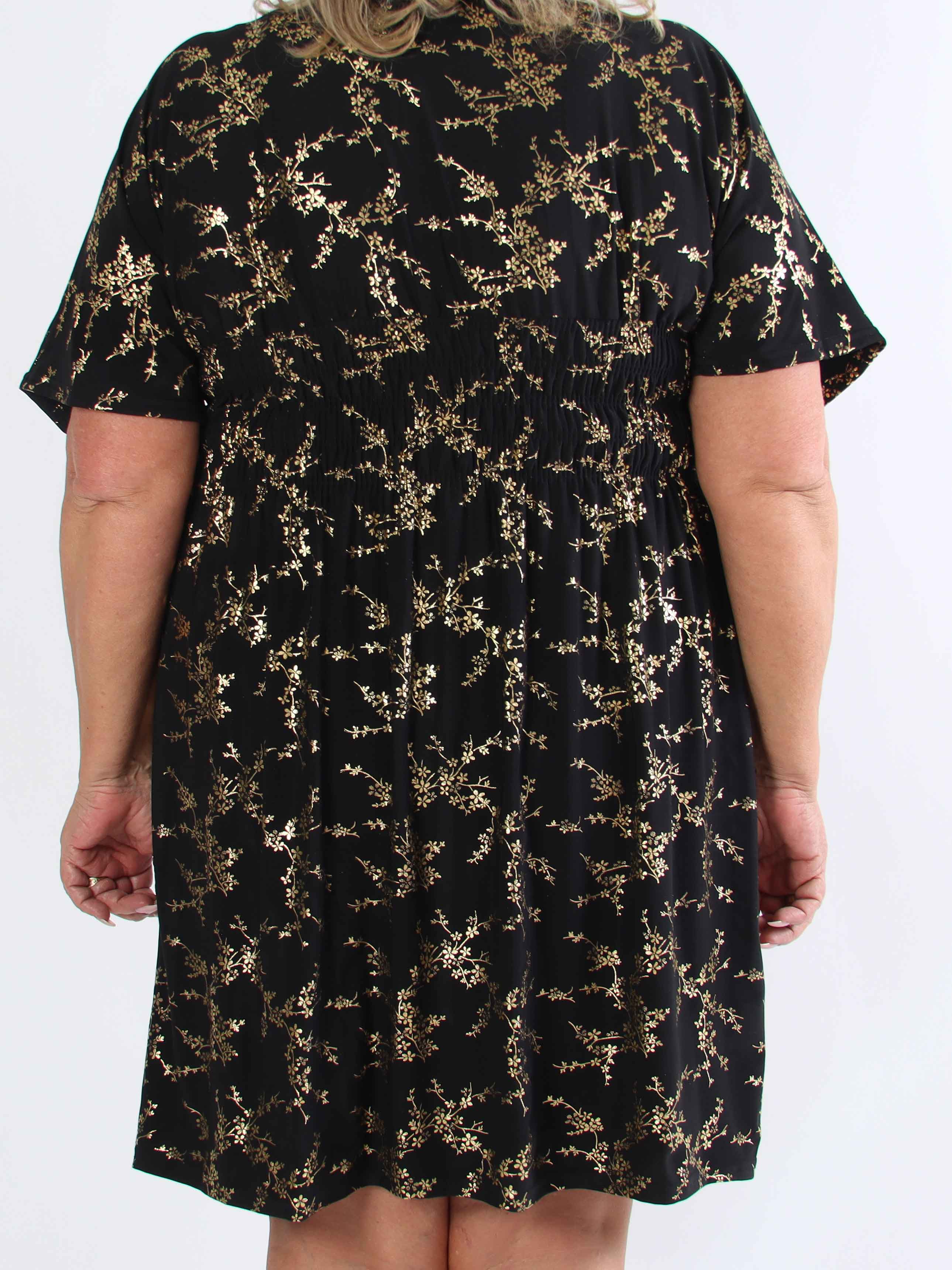 Pams Gold Short - Elastisk plus size kjole detaljeret med guld blomster